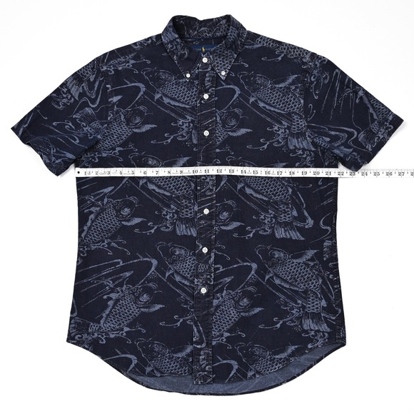 Polo Ralph Lauren Slim Fit Button Up Shirt Men's L Blue Koi Fish All Over Print - Picture 3 of 8